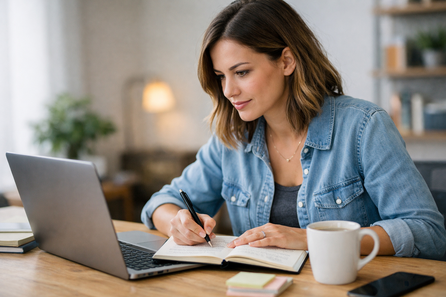 Woman at Desk Taking Notes on Laptop-1