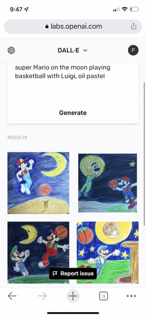 DALL-E 2 prompt: Super Mario on the moon, playing basketball with Luigi, oil pastel