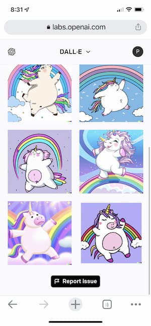 DALL-E 2 prompt: a fat, fluffy unicorn dancing on a rainbow