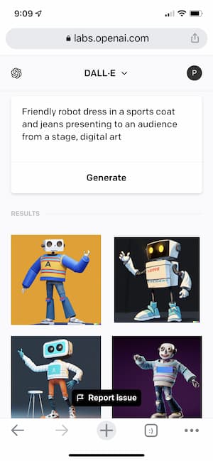 DALL-E 2 prompt: friendly robot dressed in a sports coat and jeans presenting to an audience from a stage, digital art