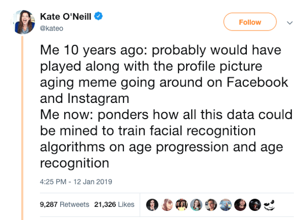 Screenshot of Kate O'Neill's tweet regarding the #10YearChallenge